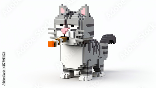 Grey voxel tabby cat model holding a pixelated stick on a white background, suitable for gaming assets, graphic design and digital art projects