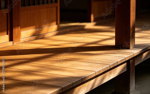Minimalist Japanese Engawa Porch, Wooden Floor with Grid Shadows
