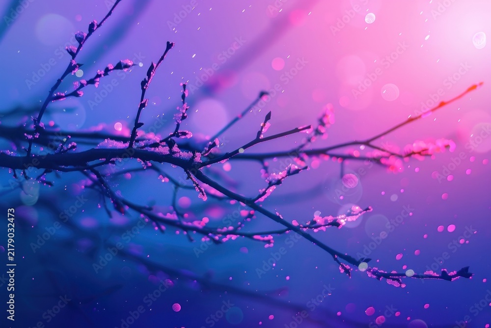 Obraz premium Illustration of a tree branch with snow purple backgrounds outdoors.