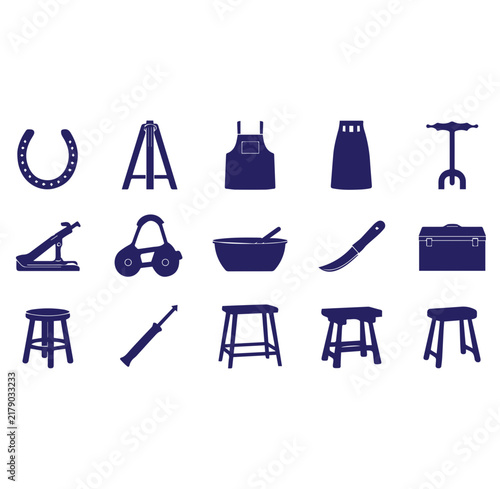 Canvas Print Assorted dark blue icons of workshop stools, aprons, and miscellaneous tools arr