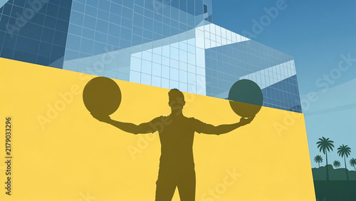 Man silhouette balancing two spheres against a modern building backdrop, suitable for business choices, corporate decisions and financial marketing