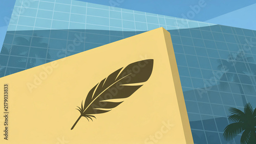 Minimal vector feather logo on yellow geometric building facade, ideal for creative branding, corporate identity and modern web design