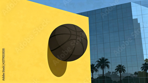Minimalist 3D basketball on a bright yellow wall with glass building reflections, ideal for sports promotions, urban design and modern marketing