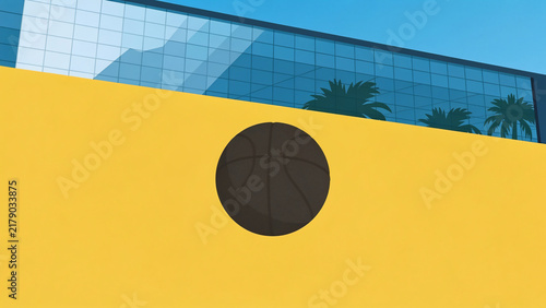 Minimalist basketball illustration against vibrant yellow wall and modern glass building, perfect for sports advertising, urban lifestyle and posters