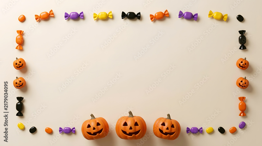 Fototapeta premium Halloween candy and pumpkin border on beige background, sweet treats frame, spooky holiday arrangement, orange sweets and chocolate, festive desktop composition with copy space