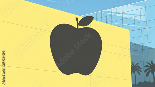 Minimalist vector illustration of a black apple silhouette on a bright yellow building wall, suitable for tech branding, marketing and advertising