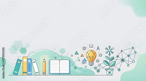Educational background with books, open textbook, glowing light bulb, and science symbols on a soft green gradient. Clean layout for academic and learning concepts.