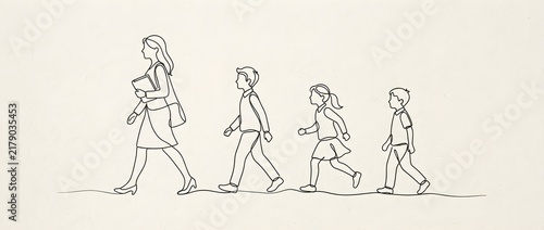 Minimalist continuous line art illustration of a female teacher walking and holding a book, followed by three primary school children in uniform, all walking in profile.