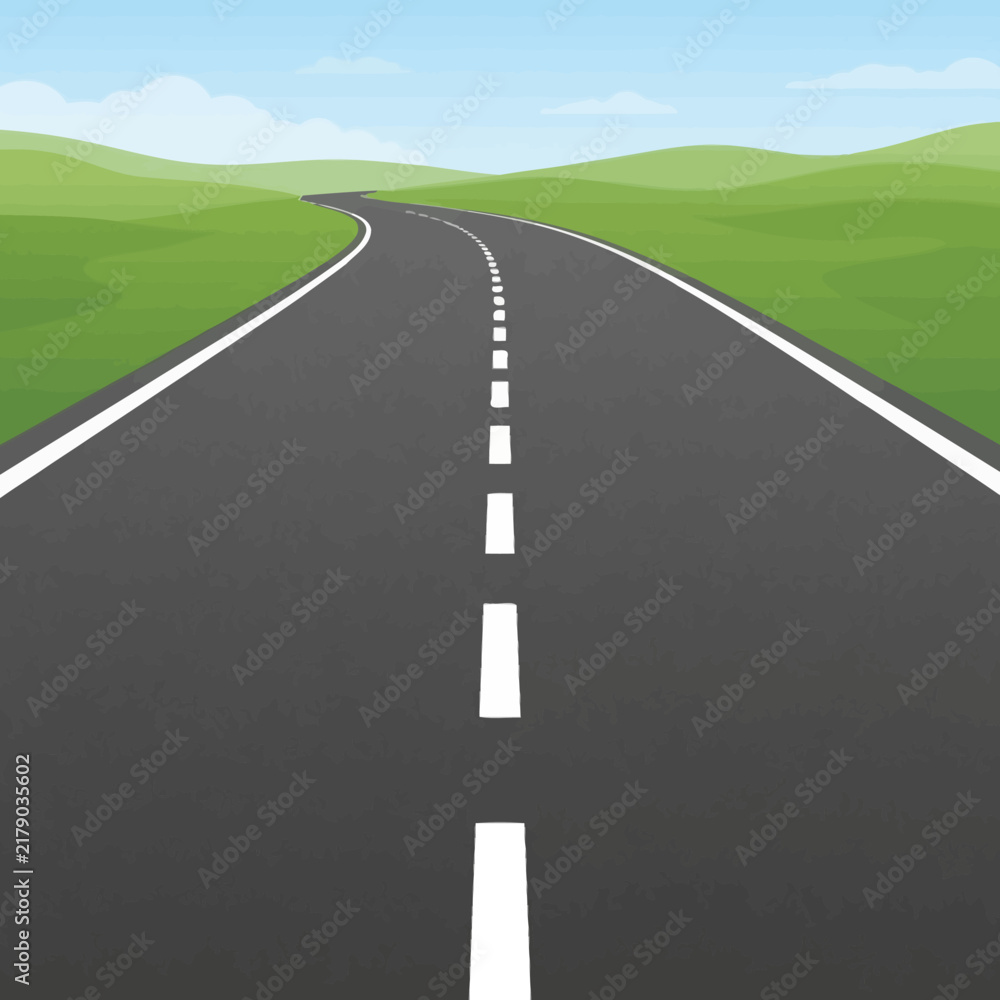 Obraz premium Empty Scenic Asphalt Road Leading Through Rolling Green Hills Under Blue Sky