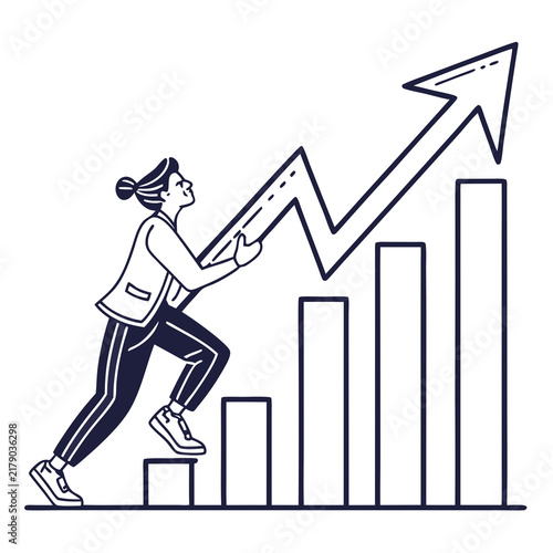A businesswoman climbing stairs while holding a large rising arrow to represent professional growth with symbolize success progress attire climbs staircase