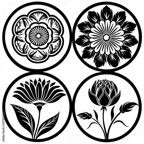 Set of four circular black and white floral icons featuring stylized flower designs on white backgrounds with floral illustrations arranged arranged grid pattern