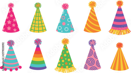Photography Colorful birthday party hats vector set featuring festive paper cones with stars, stripes, polka dots, rainbows, and fluffy pompons isolated on white background