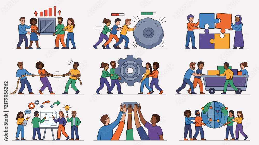 Fototapeta premium Diverse teams collaborate on projects, moving cargo, solving puzzles, and building a global network.