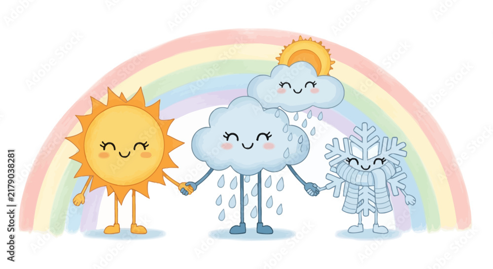 Obraz premium Cute weather characters holding hands with a rainbow background