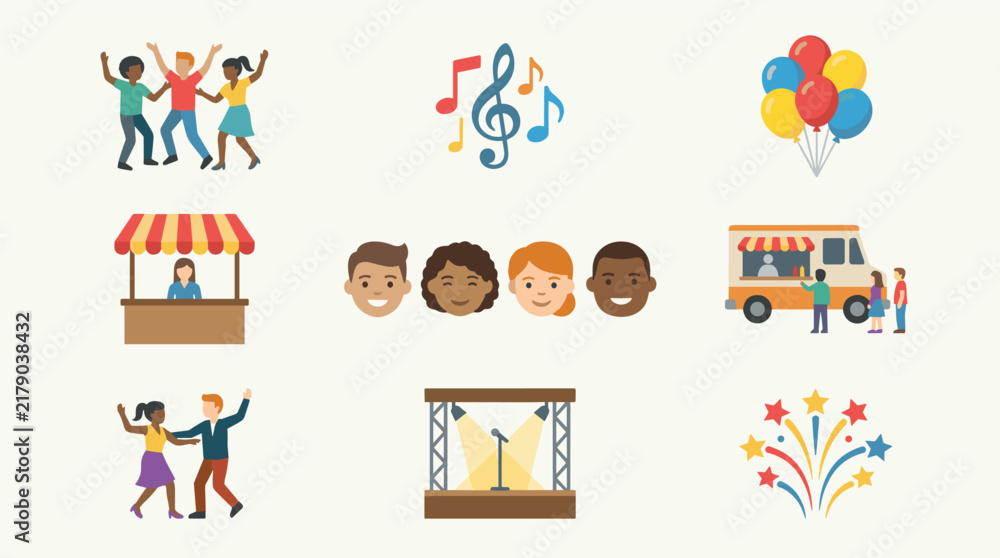 Fototapeta premium Flat design icon set for local event celebration, including people dancing, food truck, and fireworks