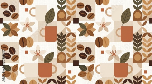 Vintage Coffee Cup and Coffee Bean Seamless Pattern with Botanical Retro Design
