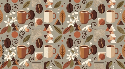 Vintage Coffee Cup and Coffee Bean Seamless Pattern with Botanical Retro Design