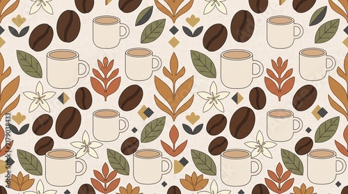 Vintage Coffee Cup and Coffee Bean Seamless Pattern with Botanical Retro Design