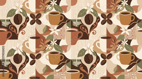 Vintage Coffee Cup and Coffee Bean Seamless Pattern with Botanical Retro Design