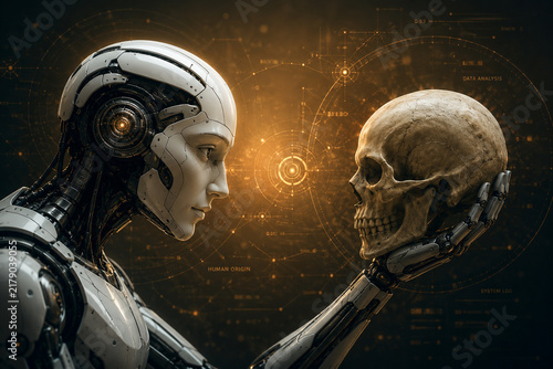 AI generated humanoid robot studying human skull glowing digital analysis interface symbolizing artificial intelligence humanity evolution science future technology