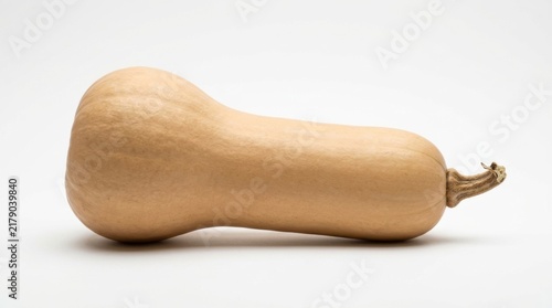 A single raw butternut squash isolated against a clean white studio background showcasing its characteristic smooth beige skin and curved cylindrical shape