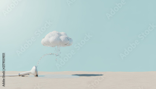 Fototapeta 浮かぶ雨雲の下で水を噴き上げるシャワーヘッド