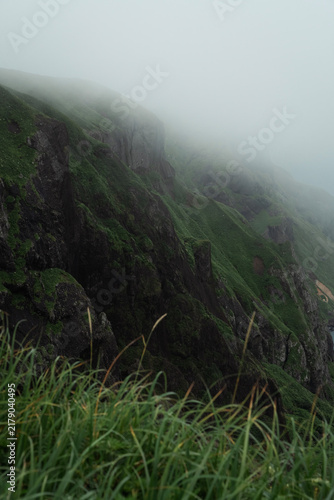 Rugged sea cliffs and steep grassy slopes veiled in fog, Momoiwa, Rebun Island
