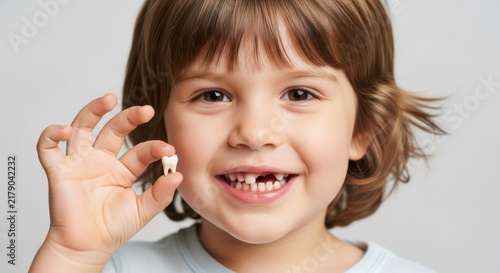 Happy young child holding a small lost baby tooth in hand showing a big smile with a missing front tooth after losing it today