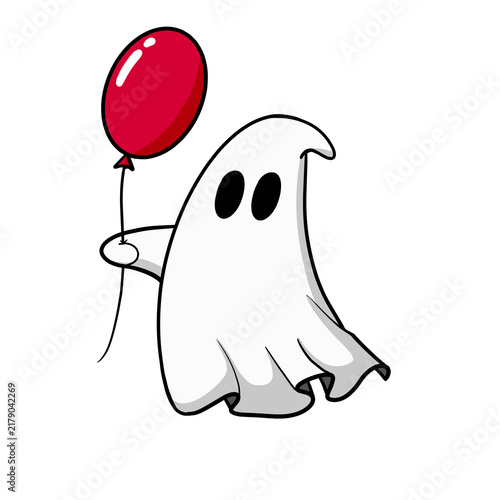 Canvastavla Cute Ghost Holding a Balloon Cartoon Illustration for Halloween Isolated on Tran