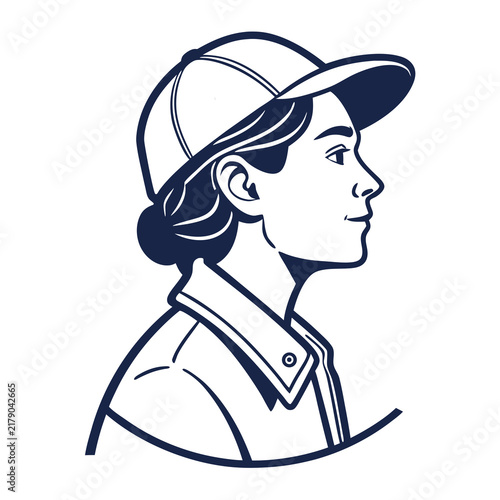 Minimalist side profile illustration of a young woman wearing a baseball cap with clean vector illustration cap collared jacket monochrome with expression