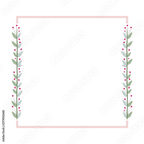 Pink Square Border Frame Decorated With Green Leaves And Cherry Berry