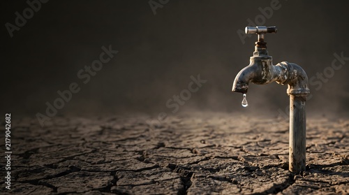 Weathered faucet with single water droplet symbolizing water scarcity and drought