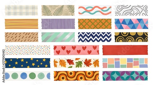 Decorative washi tape collection featuring various colorful patterns and artistic designs