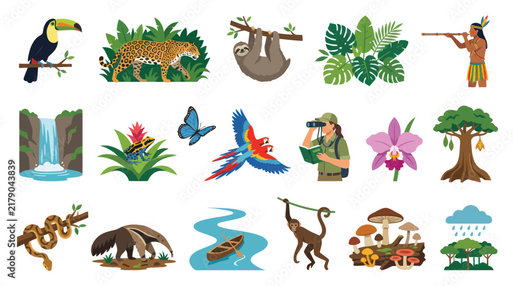 Fototapeta premium Flat Design Vector Set of Amazon Rainforest Wildlife, Flora, Indigenous People, and Nature Icons