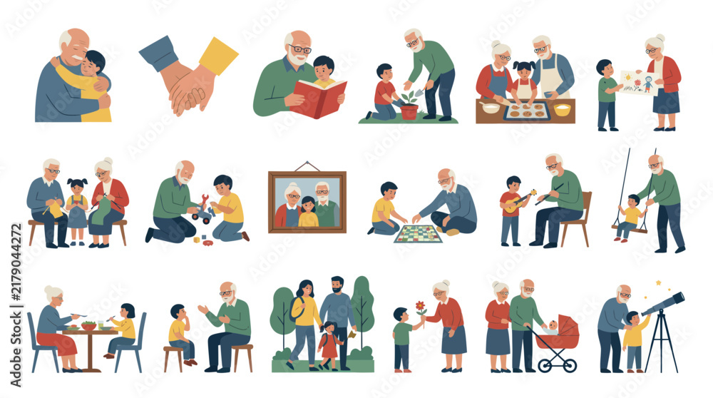Fototapeta premium Grandparents Grandchildren Flat Vector Illustration Set: Family Bonding, Love, Care Lifestyle Activities
