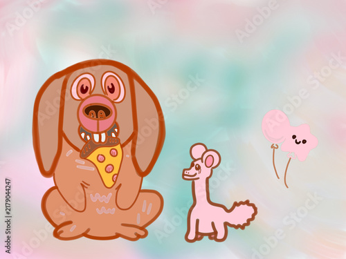 Cute hand-drawn illustration of a funny dog eating pizza alongside a pink poodle and a star balloon. Whimsical pastel artwork ideal for kids' party cards, 