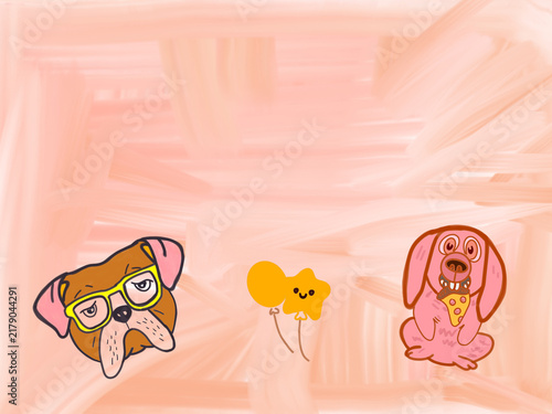 Cute hand-drawn illustration featuring funny dogs, a bulldog with glasses, and star balloons on a pastel brush stroke background. 