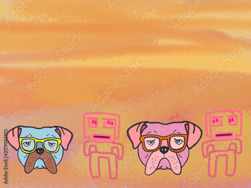 Cute hand-drawn illustration featuring hipster bulldogs wearing glasses and pink square robots on a warm orange pastel watercolor background. 