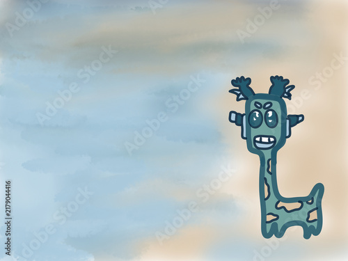 Cute hand-drawn illustration of a funny blue giraffe monster character on a soft pastel watercolor sky background. 