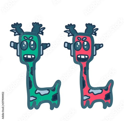 Cute hand-drawn illustration set of funny green and pink giraffe monster characters isolated on a transparent background. 