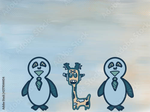 Cute hand-drawn illustration featuring funny blue penguins and a blue giraffe monster character on a soft pastel watercolor sky background. 