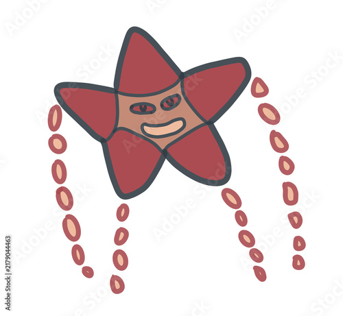 Cute hand-drawn illustration of a happy red starfish character isolated on a transparent background. Charming ocean sea life clipart 