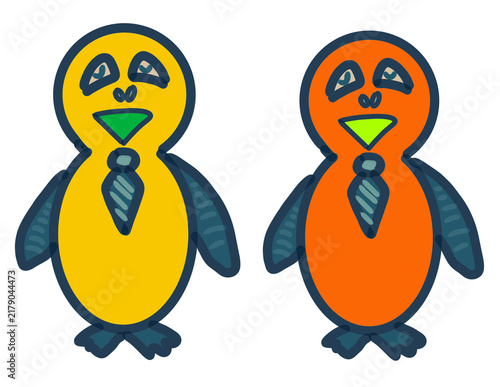 Cute hand-drawn illustration set of funny yellow and orange penguin characters with neckties isolated on a transparent background. 