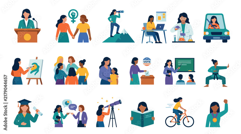 Fototapeta premium Women Empowerment Flat Vector Illustration Set of Diverse Female Roles, Careers, and Lifestyles Icons