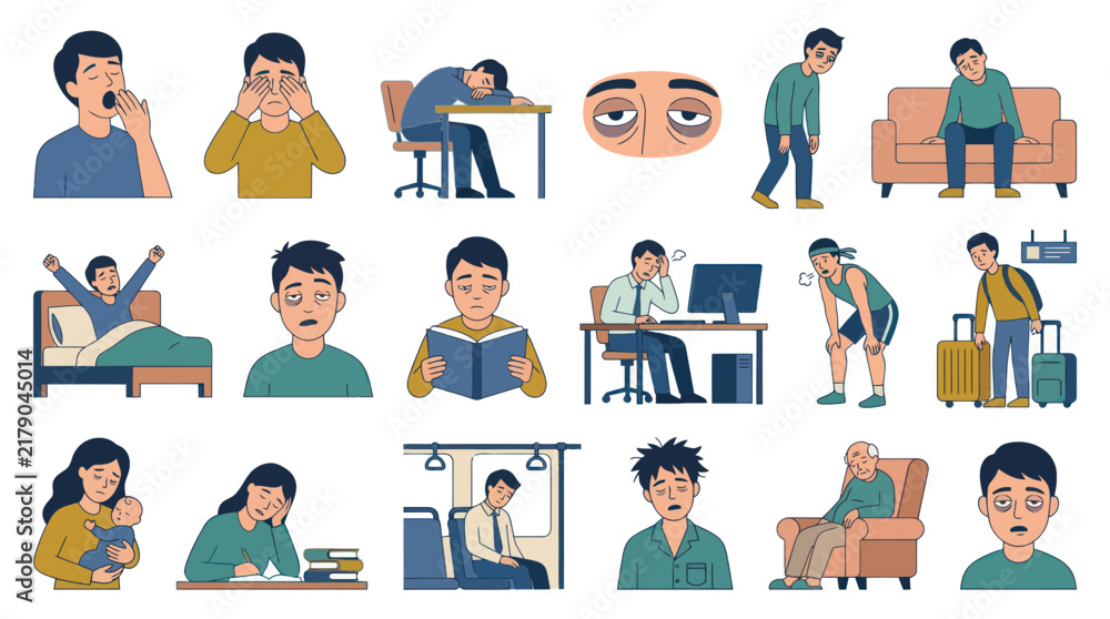 Fototapeta premium Tired People Collection - Flat Style Illustrations of Exhaustion and Sleepiness