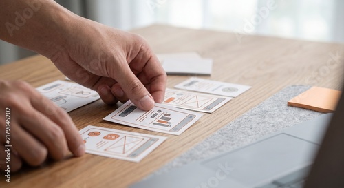 UX designer hands organizing paper wireframe sketches on a wooden desk, mobile app prototyping concept.