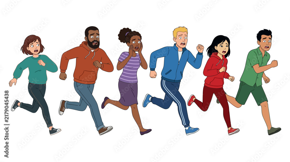 Fototapeta premium Diverse Group Of People Fleeing In Panic And Fear