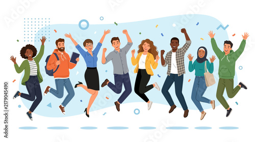 Diverse Group of People Celebrating Success Together With Joyful Jumps