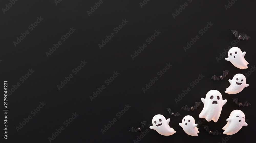 Naklejka premium Halloween ghost and bat border on black background for seasonal holiday invitation design