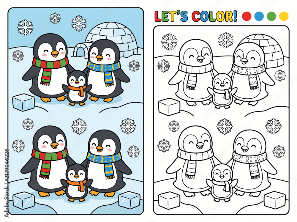 Fototapeta premium Educational coloring page Cute penguin family for kids with winter snow